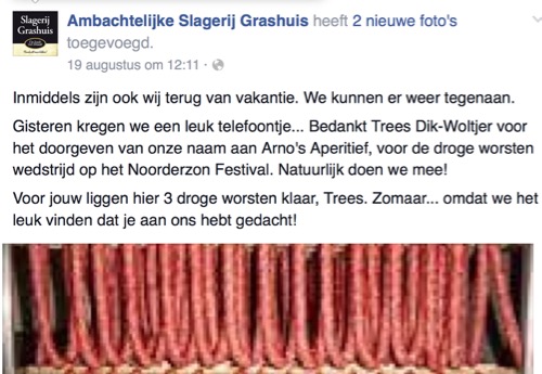 Screenshot van de Facebook pagina van Ambachtelijke Slagerij Grashuis.